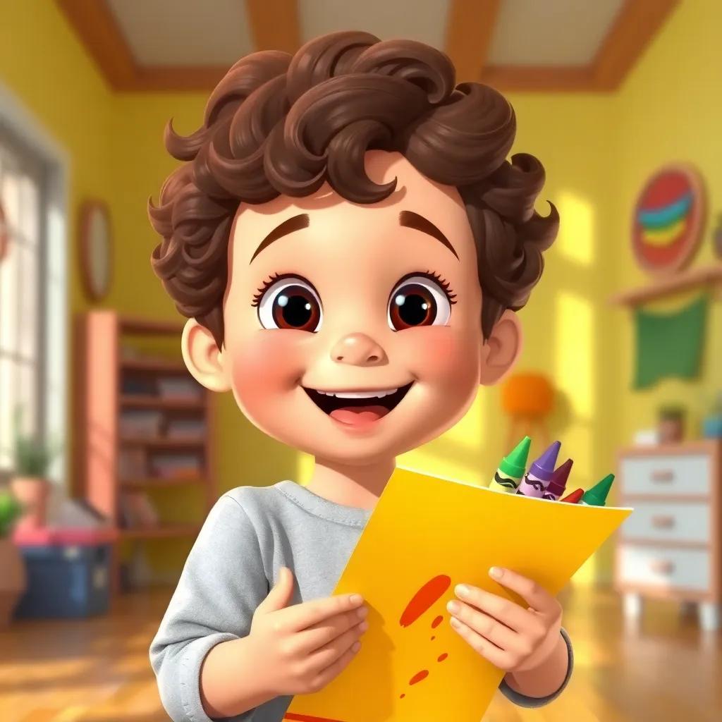 A happy little boy, Jericho, with curly brown hair and bright eyes, smiling while holding colorful paper and crayons in a bright room, joyful atmosphere, warm colors, lively scene, cheerful