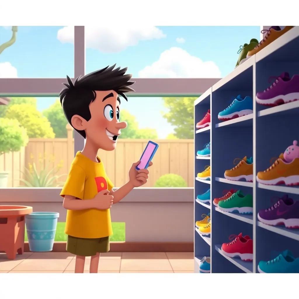 Jericho looking excitedly at a shoe rack with a clue in his hand, a sunny backyard view outside, cheerful colors, playful ambiance, high quality
