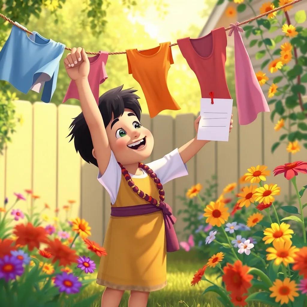 Jericho in the backyard, joyfully grabbing a note from the clothesline, colorful clothes hanging, vibrant flowers around, sunny weather, child-friendly illustration, bright