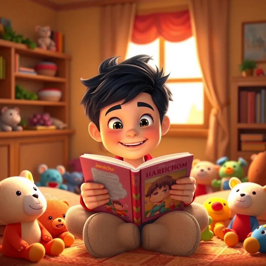 Jericho sitting in a cozy room with a big smile, holding his favorite storybook, surrounded by colorful toys, warm light, inviting scene, high quality