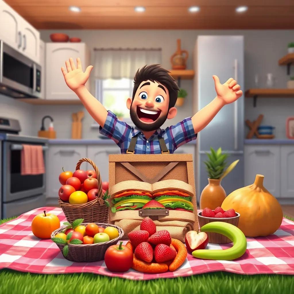 Jericho in the kitchen, excitedly revealing a picnic setup with sandwiches and fruits on a blanket, cheerful family atmosphere, bright colors, heartwarming scene, high quality