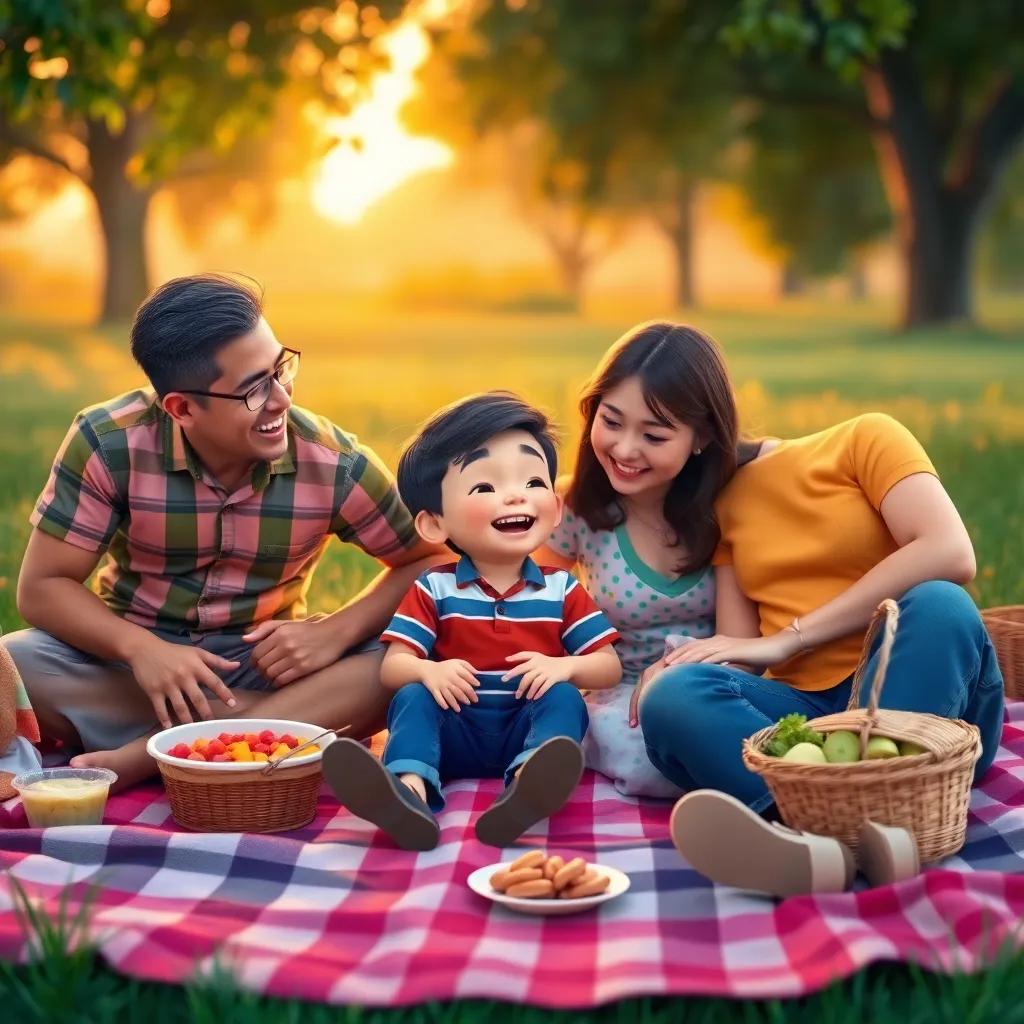 Jericho sitting on a picnic blanket with his parents, laughter and joy filling the scene, colorful picnic food around, warm sunset light, family love, heartwarming, vibrant