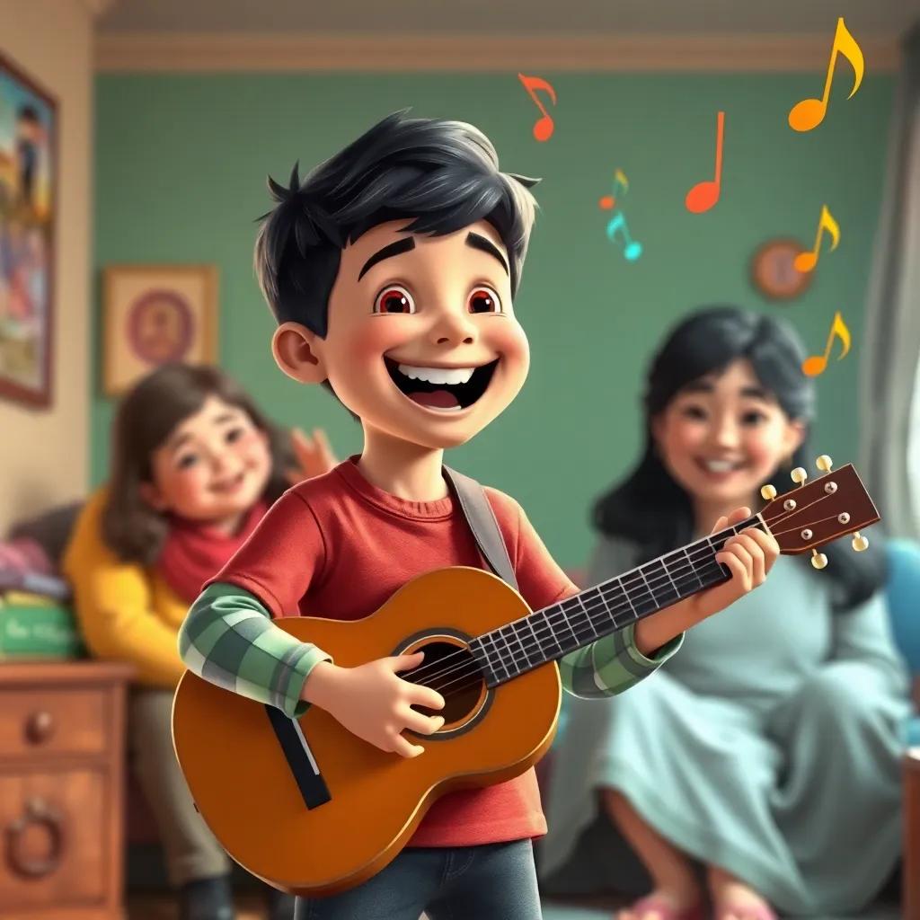 Jericho holding his guitar, singing with a big smile in front of his parents, joyful expression, colorful room background, musical notes floating around, child-friendly illustration, warm colors