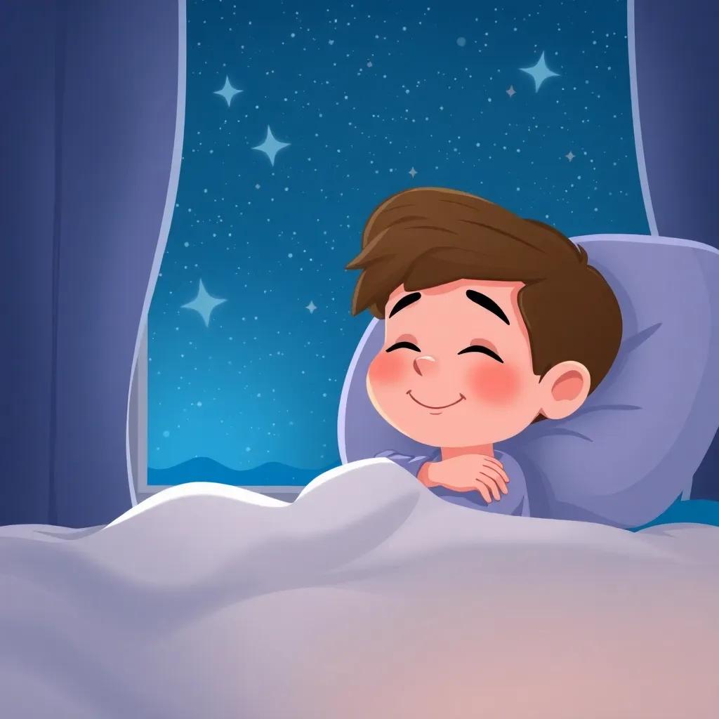 Jericho snuggled in bed, looking happy and peaceful, a starry night outside the window, soft colors, cozy atmosphere, bedtime illustration, heartwarming