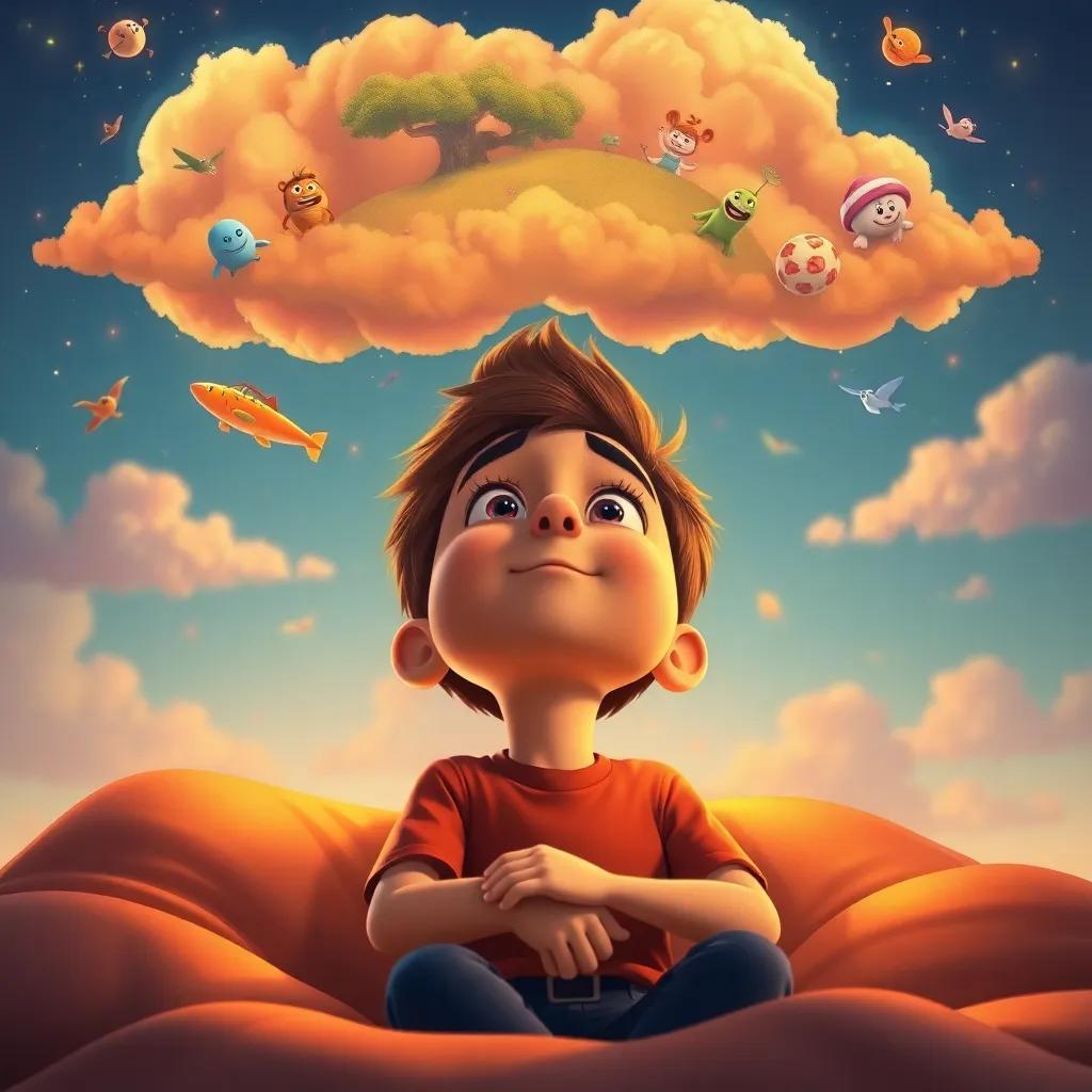Jericho dreaming of his family's adventures, colorful dream clouds above his head with fun images, warm dreamlike colors, vibrant, imaginative scene, high quality