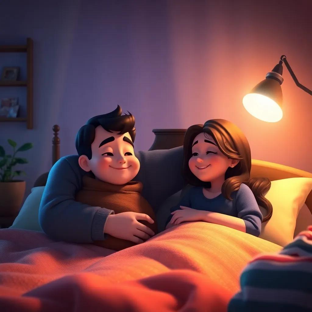 Jericho saying goodnight to his parents, warm and loving atmosphere, soft lighting, happy expressions on the parents’ faces, cozy bedroom setting, heartwarming
