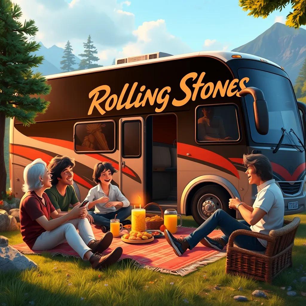 The Rolling Stones' tour bus parked in a scenic location, surrounded by nature. Jerome and the band members are having a fun picnic, sharing laughs and stories. The setting is warm and inviting.