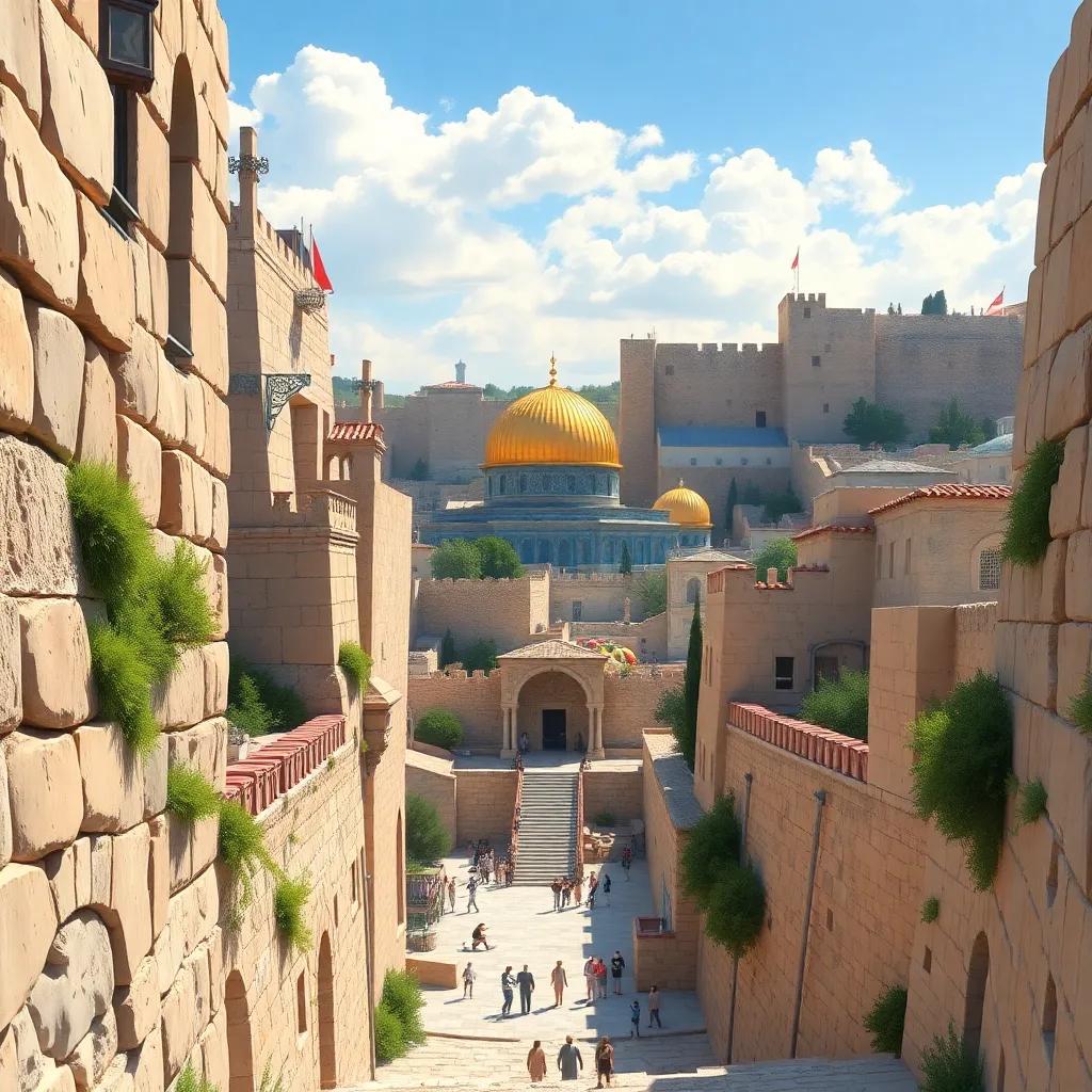 A vibrant view of Jerusalem with its ancient stones and tall walls, showcasing the beauty of the city, with hints of the three religions in harmony, colorful illustration, bright sunlight, inviting atmosphere, high quality