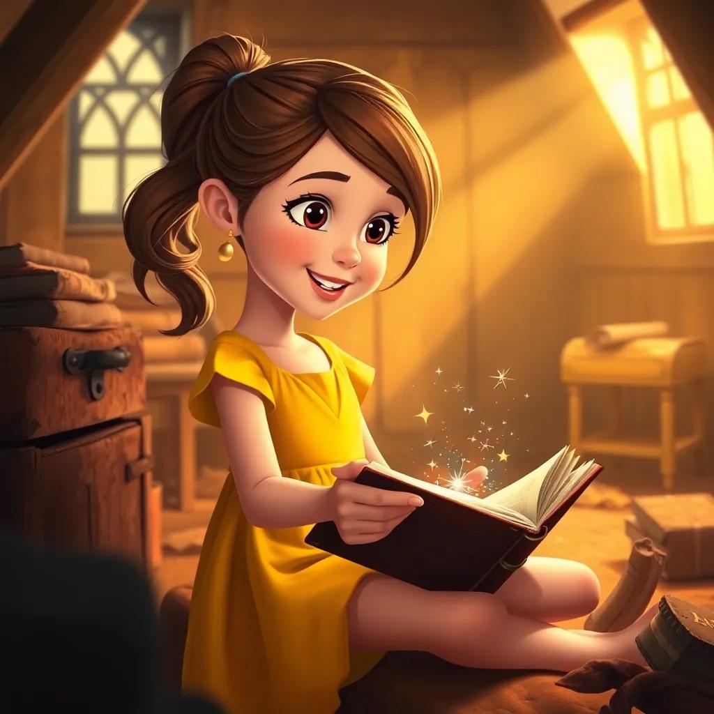 A young girl, Jessie, with brown hair in a ponytail, wearing a bright yellow dress, discovering an old, sparkly diary in a dusty attic, warm light streaming in from a window, cheerful atmosphere, detailed