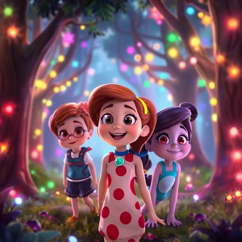 Jessie, along with her friends Sam and Mia, in a magical forest filled with colorful fairy lights and whispering trees, looking excited and curious, vibrant colors, inviting ambiance, playful setting