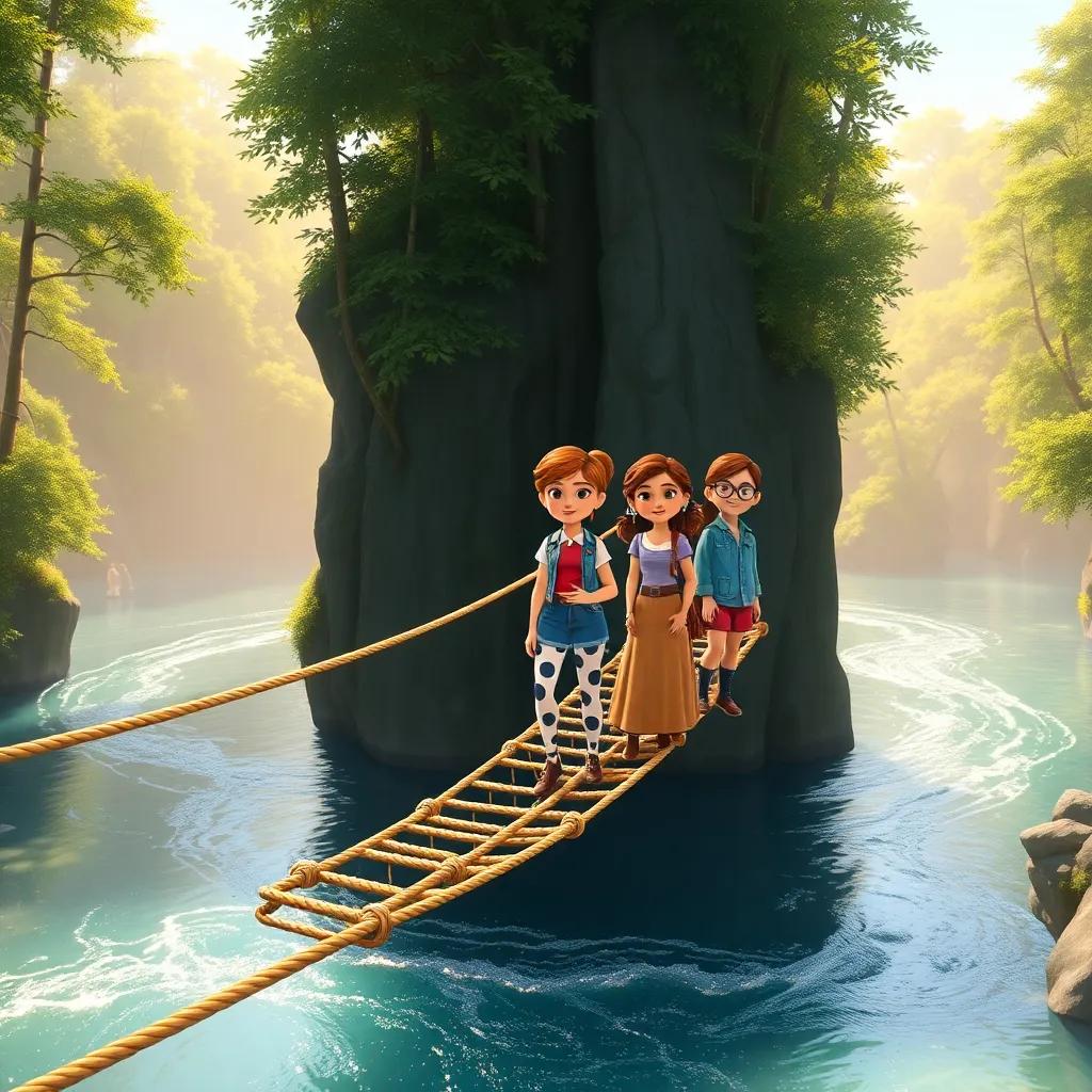 Jessie and her friends standing on a narrow rope bridge over a shimmering river, with trees around them, looking determined and confident, cheerful, bright morning light, vivid details
