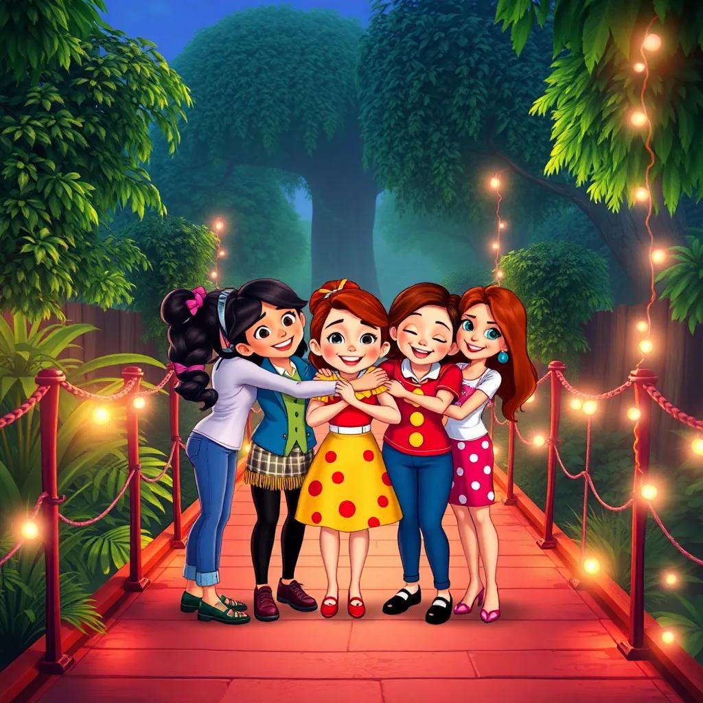 Jessie and her friends hugging each other after crossing the bridge, feeling proud and happy, surrounded by lush greenery and twinkling lights, a warm and uplifting vibe, bright colors