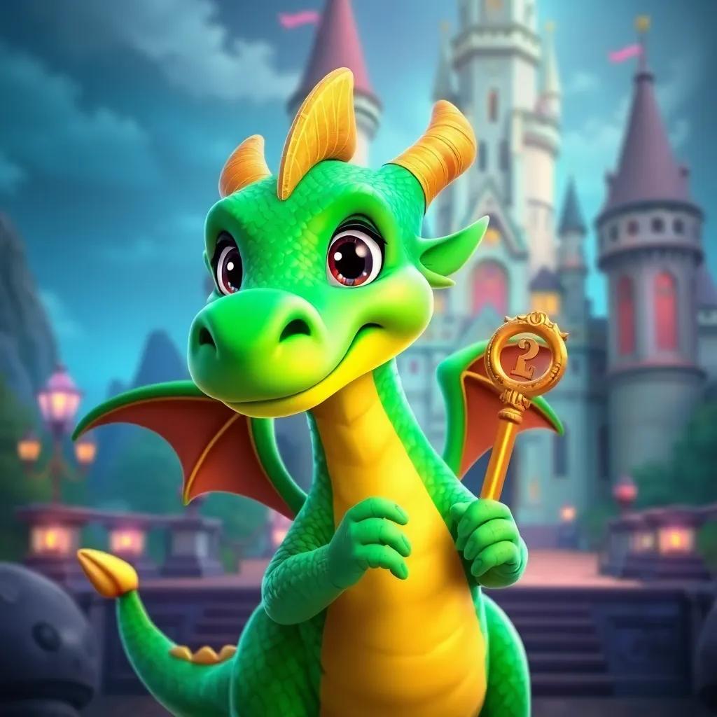 A friendly dragon, Sparky, with vibrant green scales and bright eyes, holding a shiny golden key in front of a grand castle, looking welcoming and wise, colorful, magical atmosphere, enchanted scenery