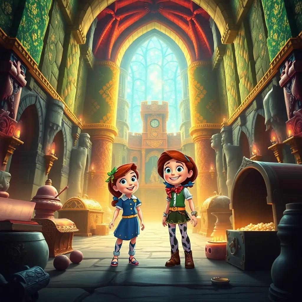 Inside a giant castle filled with sparkling walls and treasure, Jessie and her friends looking amazed and joyful, with ancient stories and artifacts surrounding them, rich colors, fantastic details