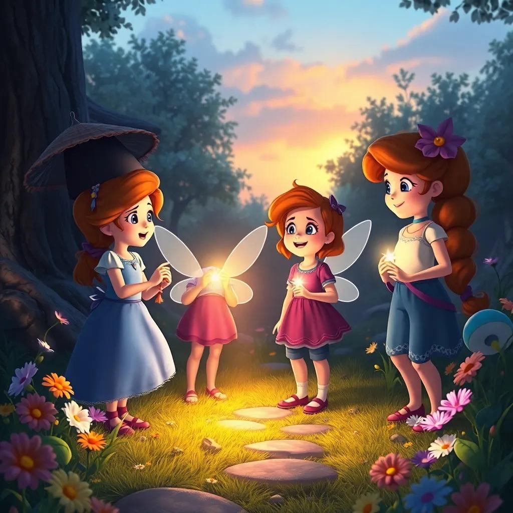 Jessie and her friends helping a lost fairy in a glen, shining their lights and singing a song, with shadows retreating and colorful flowers blooming around them, radiant evening light, enchanting scene