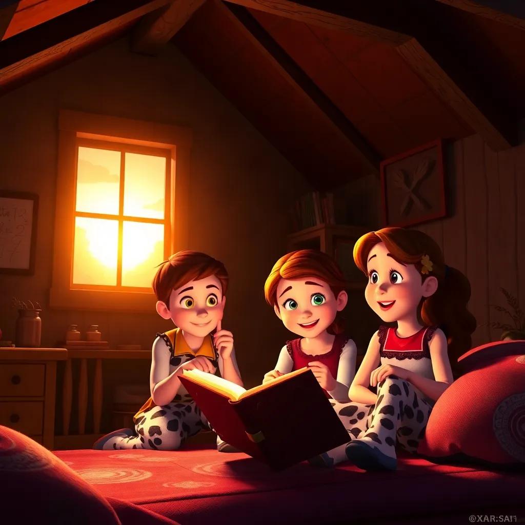 The sun setting over Jessie’s attic, casting a soft glow on the closed diary, Jessie, Sam, and Mia looking at it with excitement, warm colors, a sense of adventure fulfilled, cozy ambiance