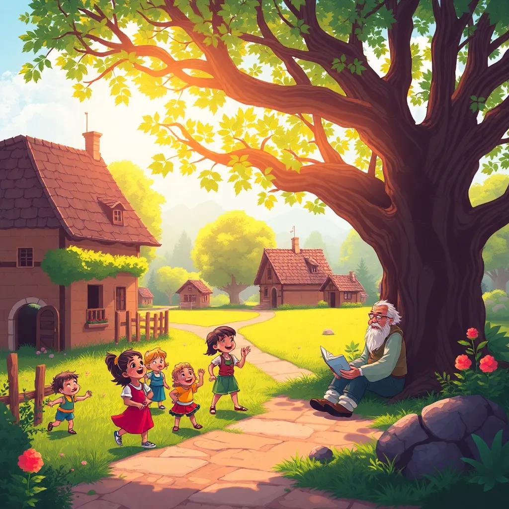 A lively village scene with children playing joyfully, a wise old man sharing stories under a big tree, warm sunlight filtering through leaves, digital art, vibrant colors, cheerful atmosphere, high quality