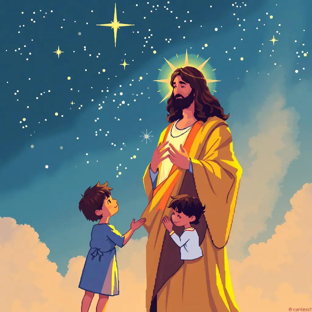 Jesus, a kind figure in a glowing robe, standing under a starlit sky, comforting children with gentle smiles, love radiating from him, digital painting, warm and inviting, uplifting imagery