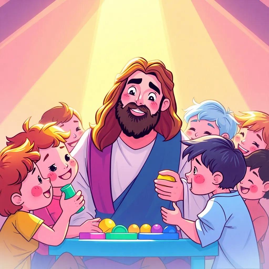 Jesus, the kind man with gentle eyes, surrounded by children sharing toys and laughing together, vibrant colors, joyful atmosphere, sunlight creating a warm glow, caring community, illustration, heartwarming, child-friendly