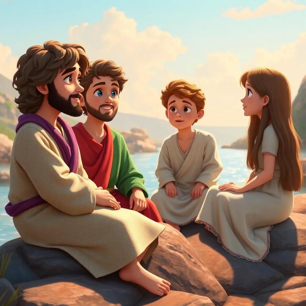 Jesus, a Middle-Eastern boy with a gentle smile in a simple tunic, sitting on a rock by the river with his friends: Peter, a boy with curly hair in a colorful tunic, John, a thoughtful boy in a light robe, and Mary, a girl with long hair in a simple dress, all engaged in conversation about kindness and love, warm sunlight, inviting atmosphere, digital painting, vibrant colors, storytelling view