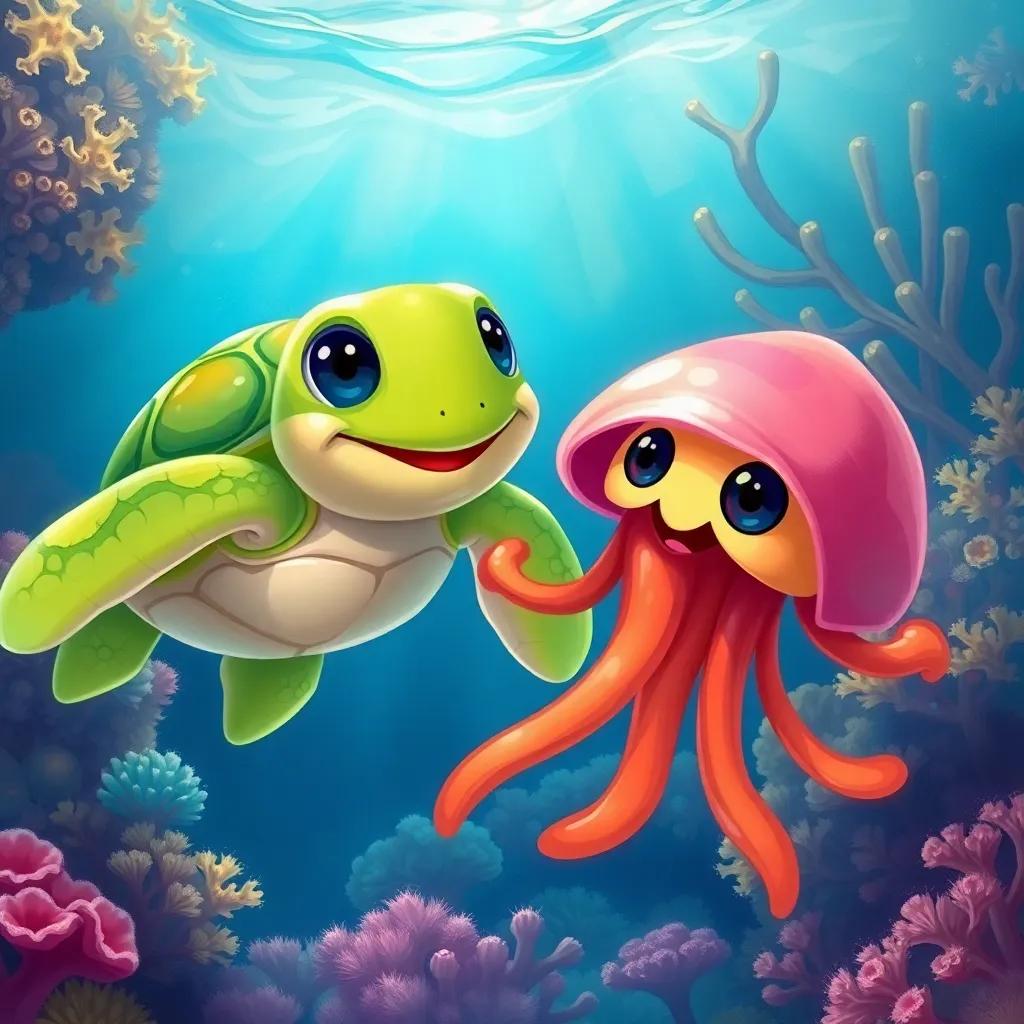A cheerful turtle named Tommy, with a green shell, swimming near Jilly the jellyfish, inviting her to play, the coral reef sparkling around them, digital painting, bright colors, adventurous mood, engaging perspective, high quality