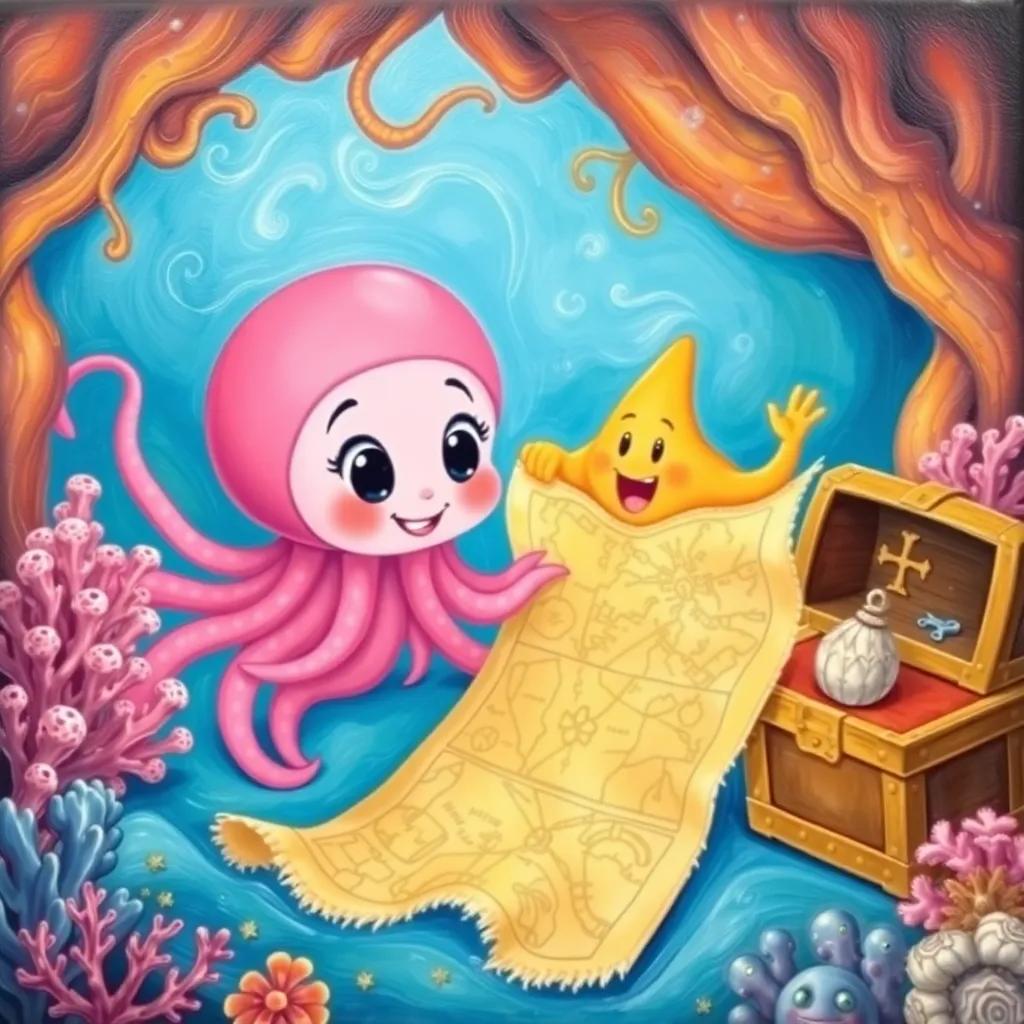 A pink jellyfish, Jilly, studying a treasure map with her friends, the starfish Sammy waving at her, coral and treasure chests around, bright colors, fun and playful, engaging scene, child-friendly