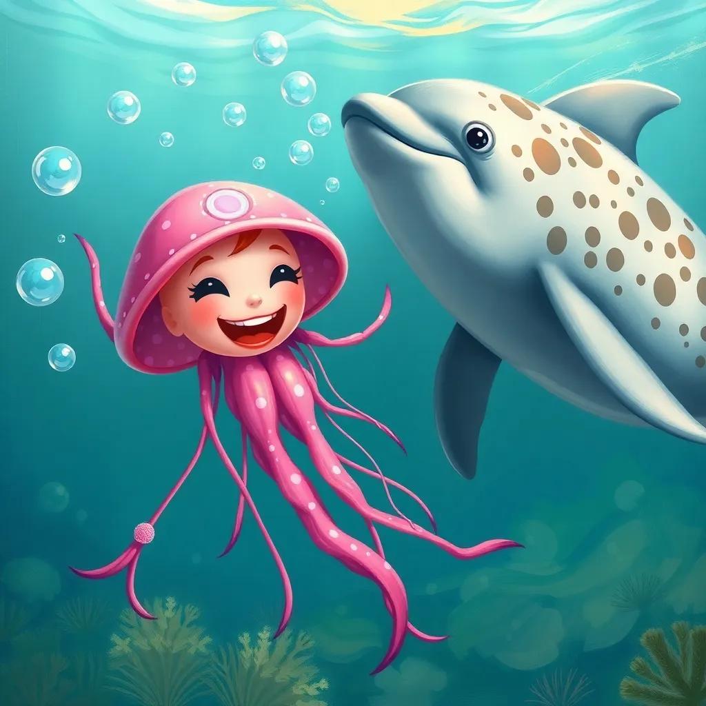 A joyful underwater scene where Jilly, the jellyfish, is swimming with a spotted dolphin, bubbles rising around them, laughter in the water, detailed digital art, lively, bright colors, a sense of adventure