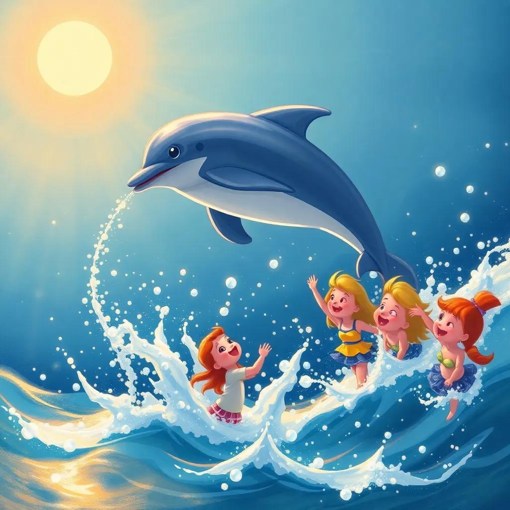 A friendly dolphin jumping out of the water, spraying Jilly and her friends, filled with excitement, the ocean sparkling under the sun, illustration, vibrant colors, a playful atmosphere, high quality