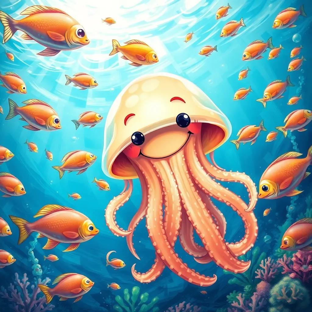 Jilly, the jellyfish with a big smile, swimming confidently with her friends in the ocean, colorful schools of fish around them, bright sunlight filtering through the waves, engaging scene, happy tone, detailed illustration