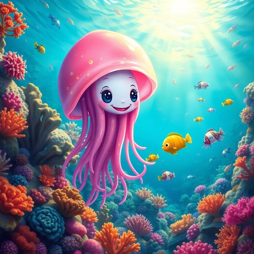 A vibrant underwater scene showing Jilly the jellyfish and her friends exploring bright coral reefs filled with sea life, Jilly looking playful and joyful, colorful, warm lighting, an adventurous atmosphere, high-quality