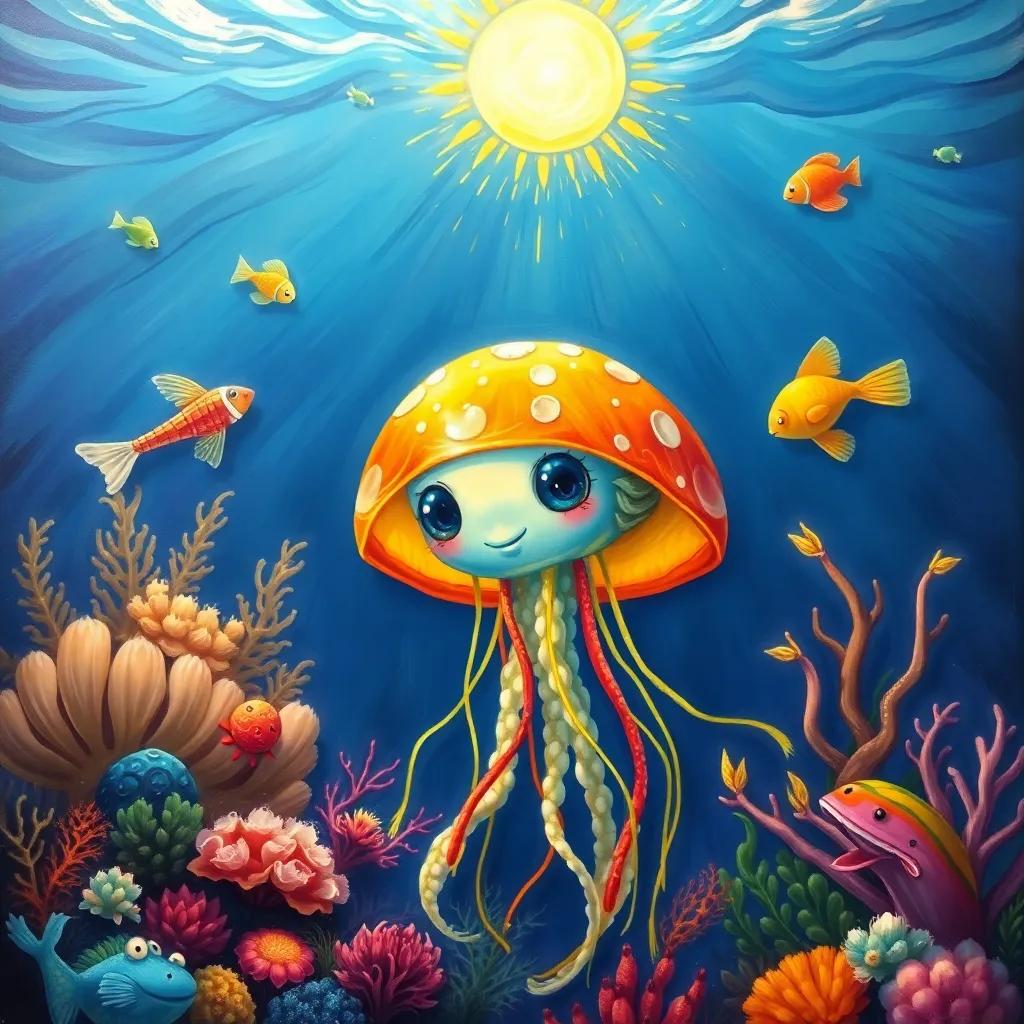 Jilly, the jellyfish looking confidently at her ocean home, surrounded by colorful creatures, the sun shining down, giving warmth and happiness, bright art, serene yet lively, heartwarming conclusion
