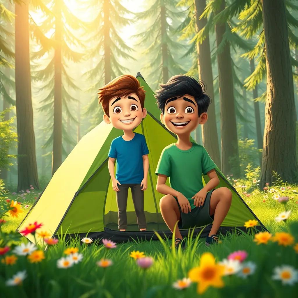 Two friends, Jimmy, with short brown hair in a blue t-shirt, and Shivay, with dark hair in a green t-shirt, happily setting up a tent in a lush green forest, surrounded by tall trees and colorful flowers, warm light, joyful atmosphere, illustration, bright and inviting