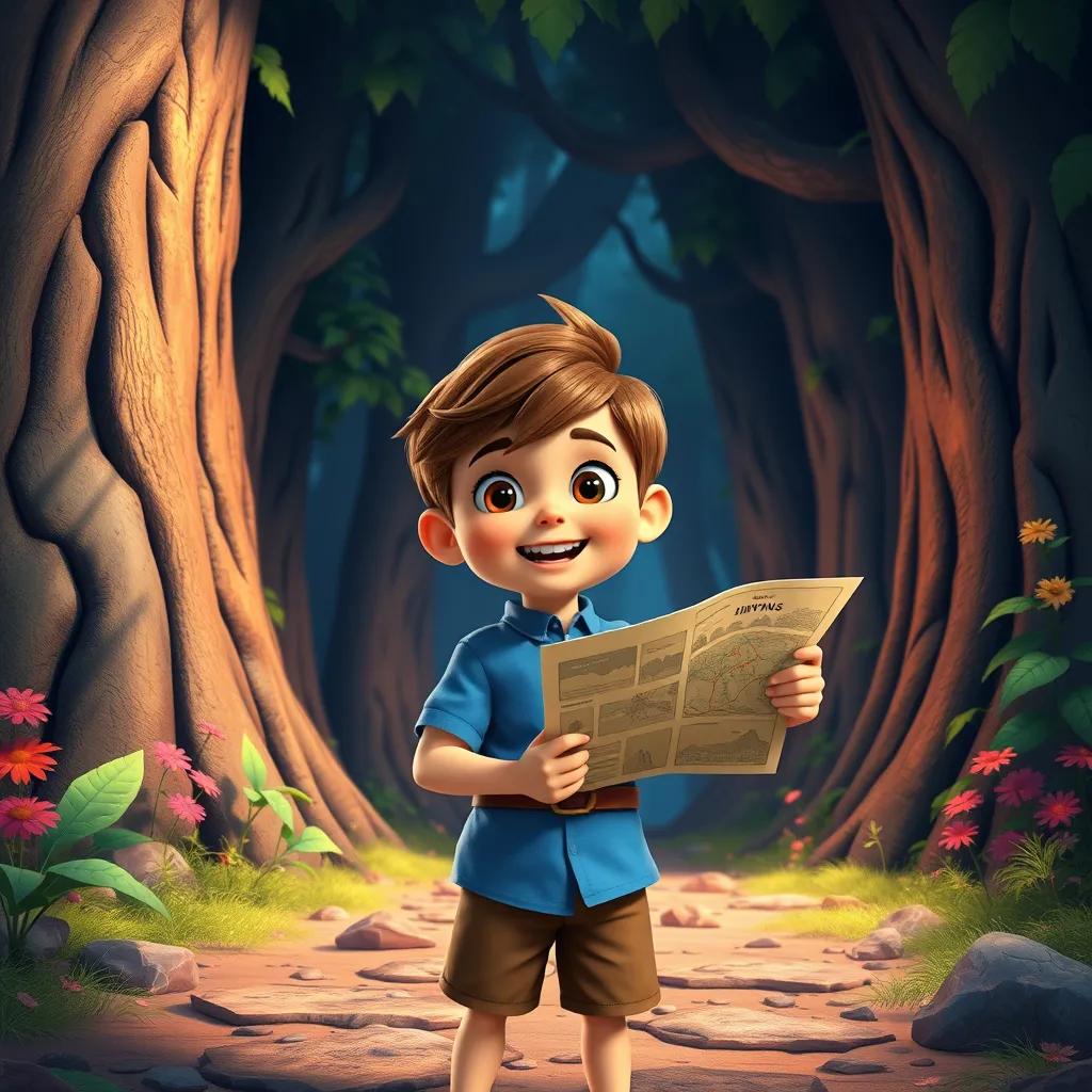 A brave young boy, Jimmy, with short brown hair, wearing a blue shirt and brown shorts, standing at the entrance of a mystical forest, excitedly holding a map, digital art, colorful, vibrant scene, high quality