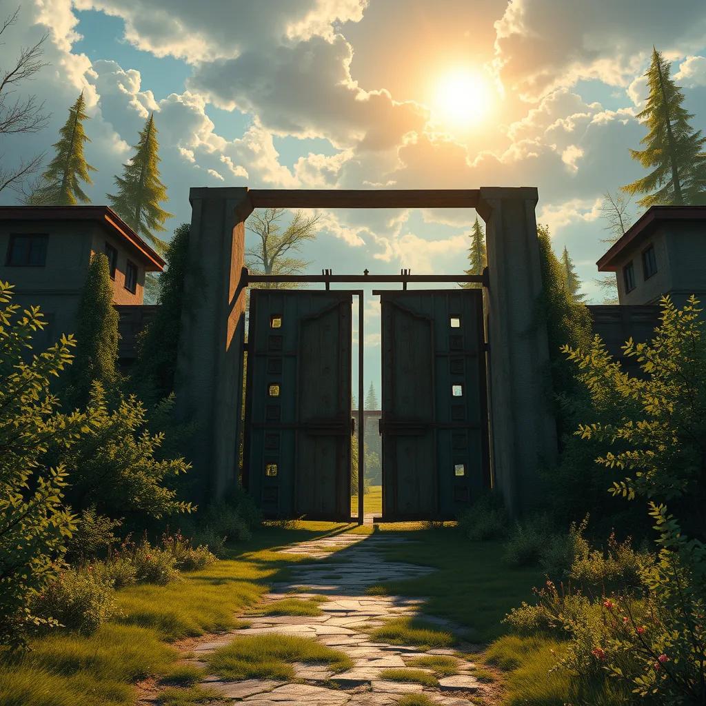 A mysterious old gulag with big rusty gates, surrounded by thick bushes and trees, the sun shining down, creating an enchanting but slightly eerie atmosphere, digital painting, vibrant colors, magical realism, high quality