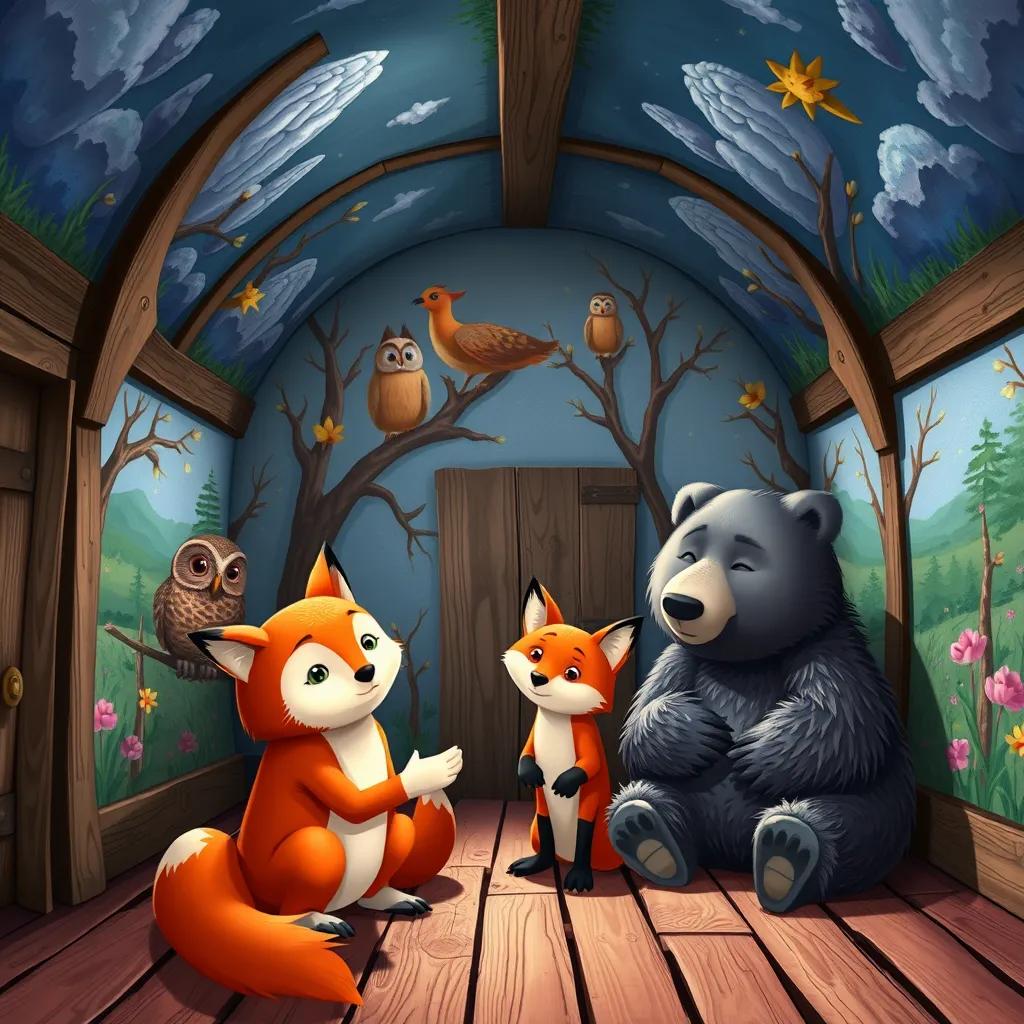 Inside the gulag, beautiful murals tell stories of friendship and bravery, the wise owl, playful fox, and gentle bear gather around, colorful, heartwarming scene, joyful and lively, high quality