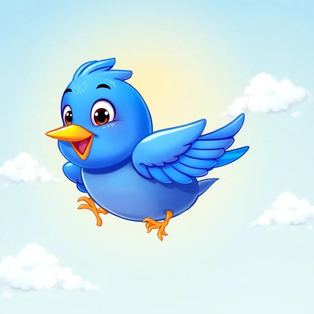 A vibrant blue bird, Jimmy, with shiny feathers and bright eyes, flying through a sunny sky with fluffy white clouds, joyful expression, digital art, cheerful, warm colors, high quality
