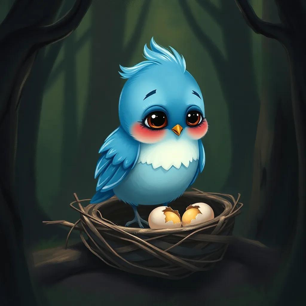 A sad blue bird, Jimmy, with shiny feathers and big eyes, standing in a small nest with broken eggs, dark forest background, somber atmosphere, digital painting, emotional, rich colors, high quality