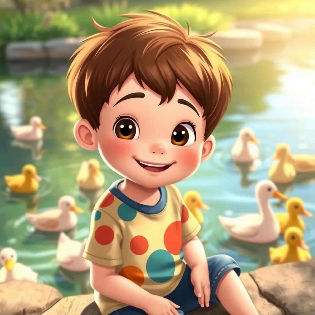 Jimmy, a little Caucasian boy with short brown hair, sitting by a pond with ducks, wearing a colorful t-shirt and smiling, watching the ducks swim, with sunlight reflecting on the water, illustration, warm and inviting, happiness, child-friendly