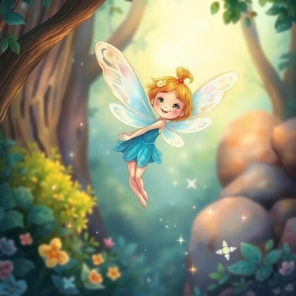 A tiny fairy named Bella, with shimmering wings, hovering in the air and smiling at Jimmy, surrounded by sparkling dust, enchanted forest, whimsical style, vibrant colors, magical atmosphere, high quality