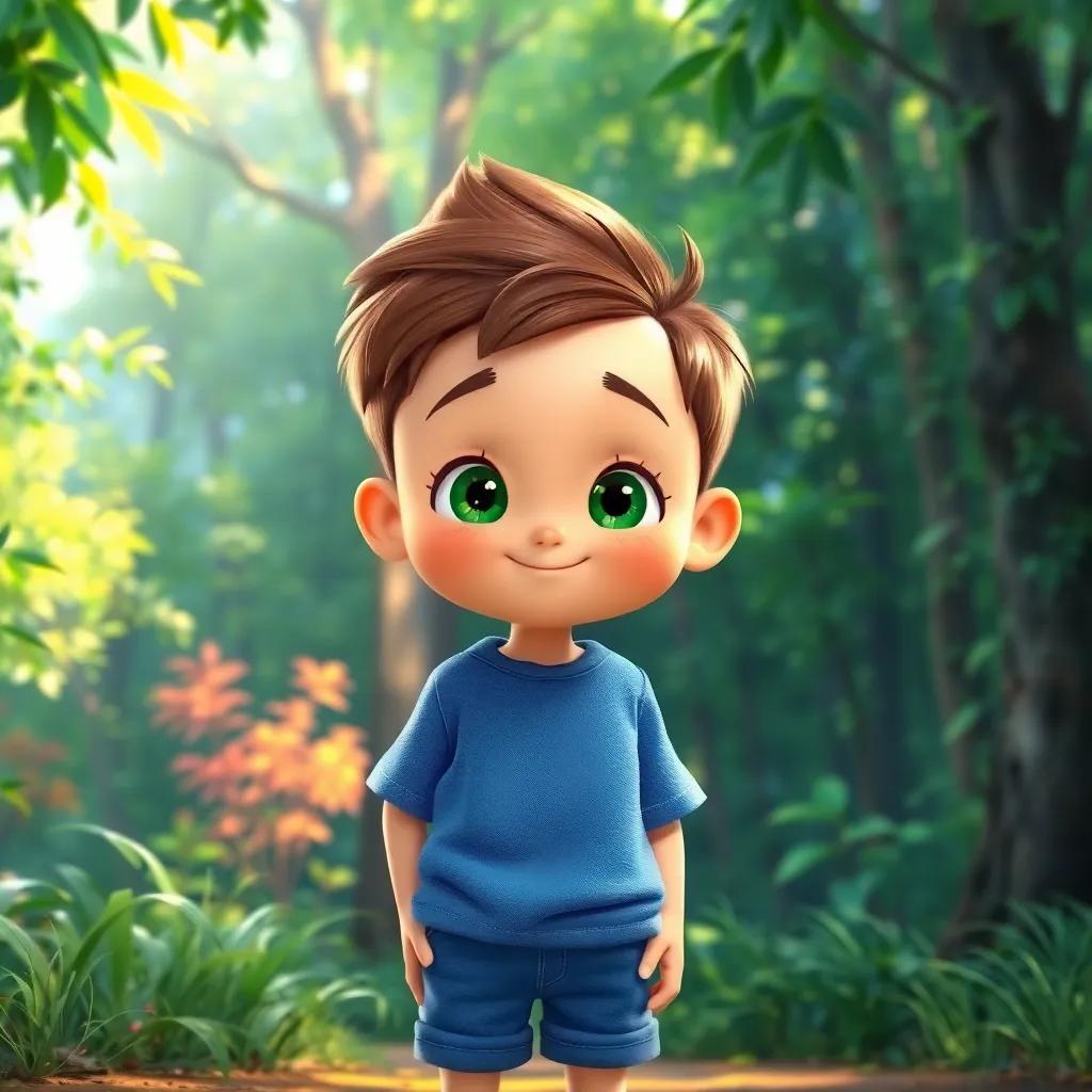 A curious boy, Jjnhg, with sparkling green eyes, wearing a comfy blue shirt and shorts, standing at the edge of a lush green forest, vibrant colors, inviting atmosphere, cheerful, digital art