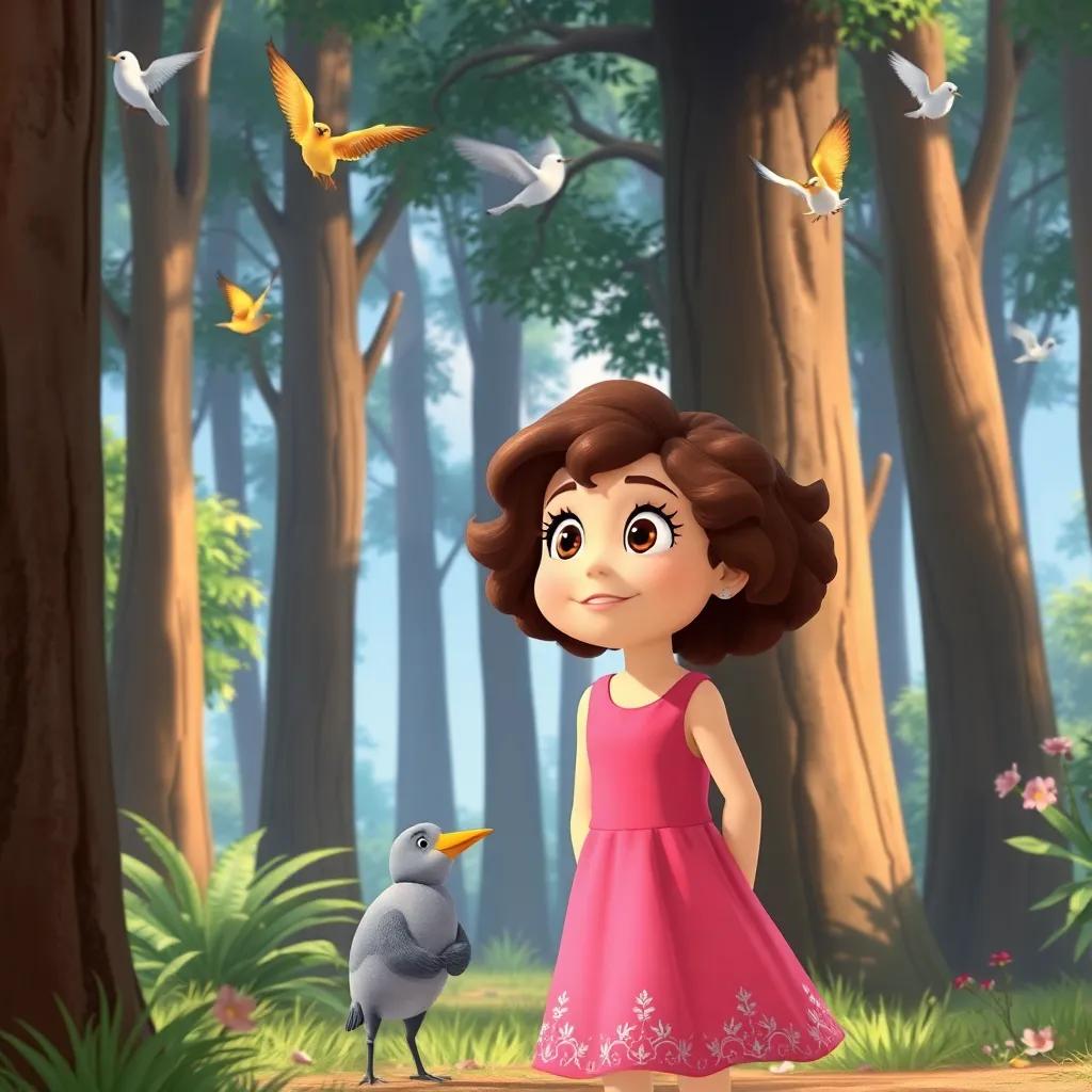 A girl, Mia, with curly brown hair in a pink dress, looking amazed next to Jjnhg, surrounded by tall trees with birds singing, bright colors, lively, friendly scene, cheerful