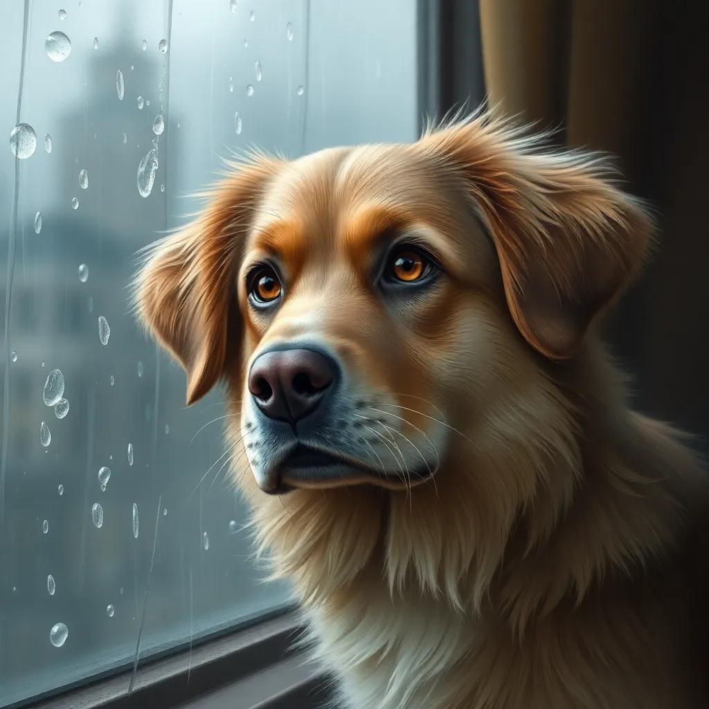 A brave dog, JJ, with soft fur and bright eyes, looking out of a rain-soaked window, with a concerned expression and raindrops streaming down the glass, digital art, gloomy atmosphere, soft colors, high quality