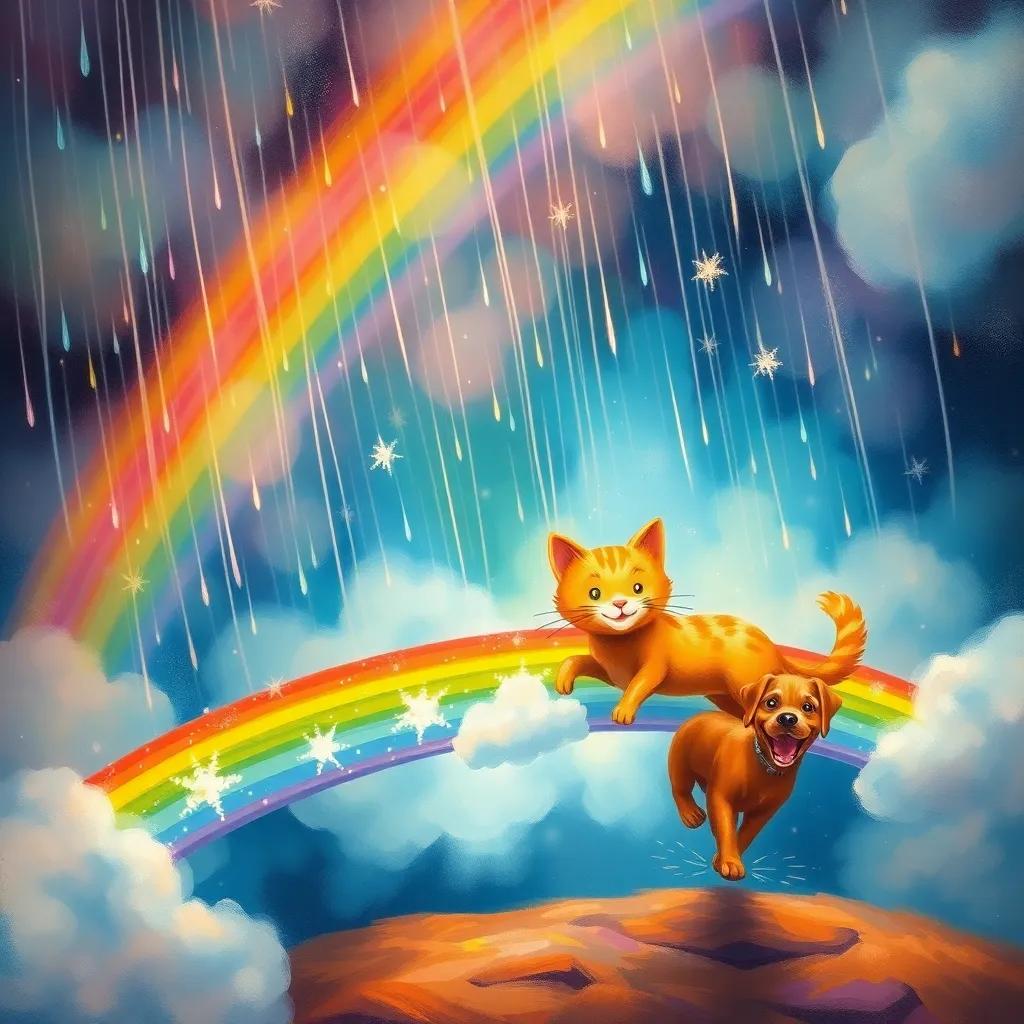 A dream world filled with sparkling raindrops, featuring a cheerful orange cat, Leo, guiding JJ, the dog, through a swirling cloud of colors and a rainbow bridge, magical and vibrant, child-friendly, whimsical style