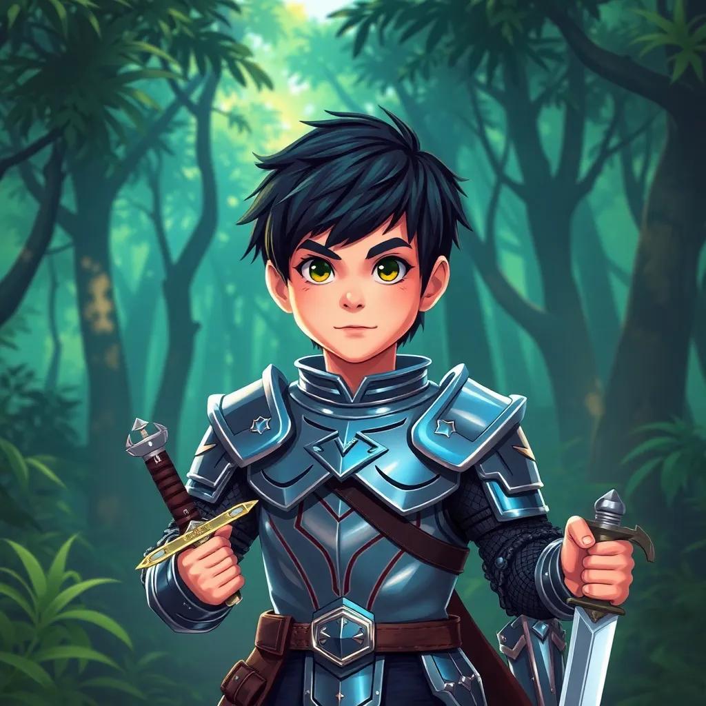 A young brave boy, João, with short dark hair wearing a shiny armor, standing confidently in a dense forest with a sword in hand, energetic expression, digital art, bright colors, adventurous atmosphere, high quality