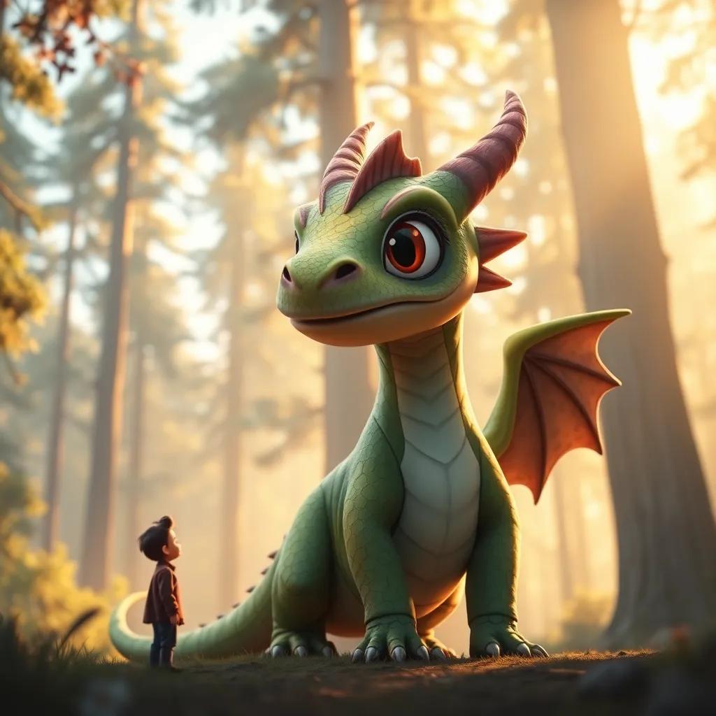 A large, timid dragon, Lúcio, with green scales and big, wide eyes, standing in a heartfelt pose and looking at João, surrounded by tall trees and soft sunlight, warm colors, friendly setting, high quality