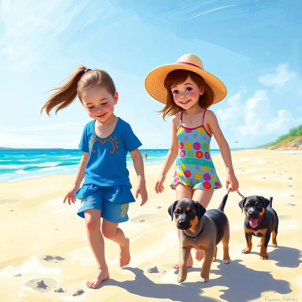 Jocelyn, a young girl with brown hair in a ponytail, wearing a colorful swimsuit and a sun hat, walking on a sandy beach with her friend Devlin, who has short brown hair, wearing a blue t-shirt and shorts, looking for their puppies, sunny day, bright colors, cheerful atmosphere, digital art