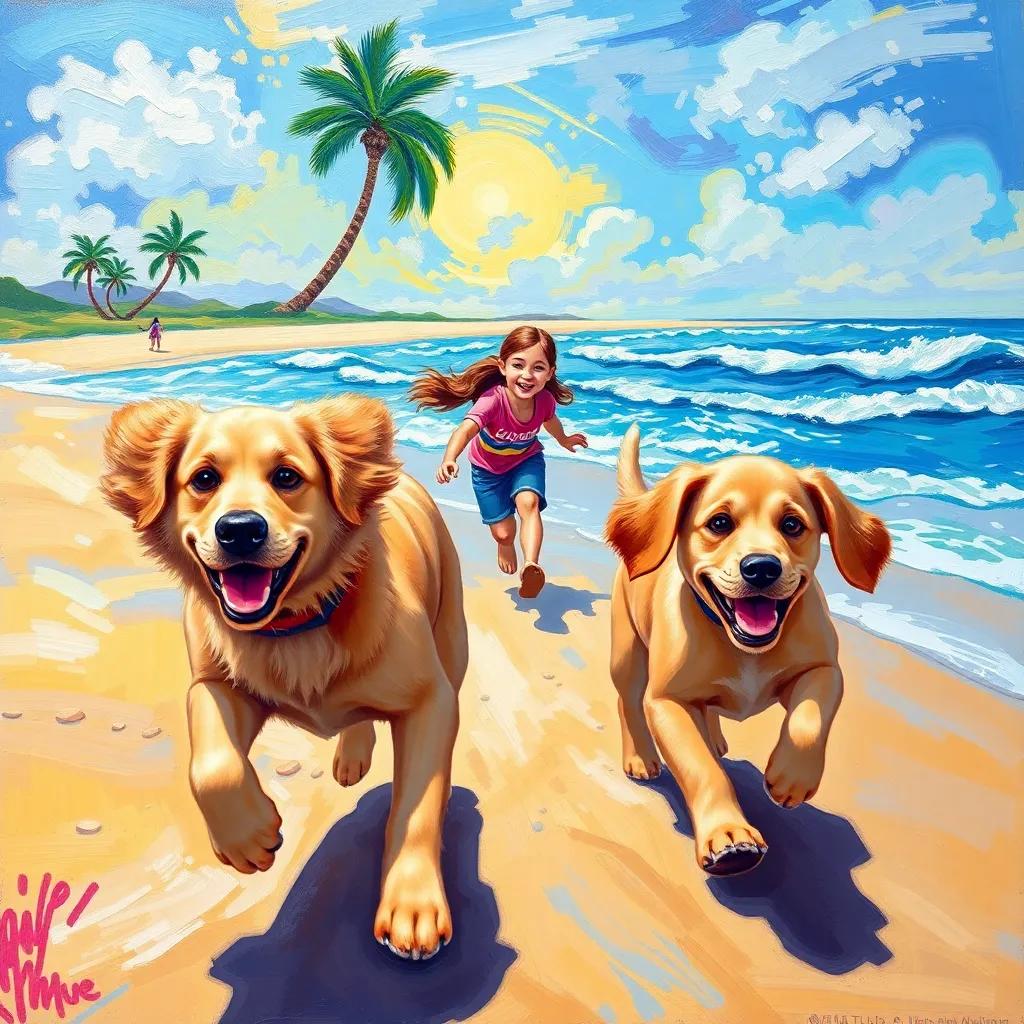 Sully, a friendly golden retriever, and Cyrus, a mischievous puppy with floppy ears, running down the beach while Jocelyn and Devlin chase after them, colorful beach scene with waves crashing and palm trees, vibrant colors, joyful expression, illustration