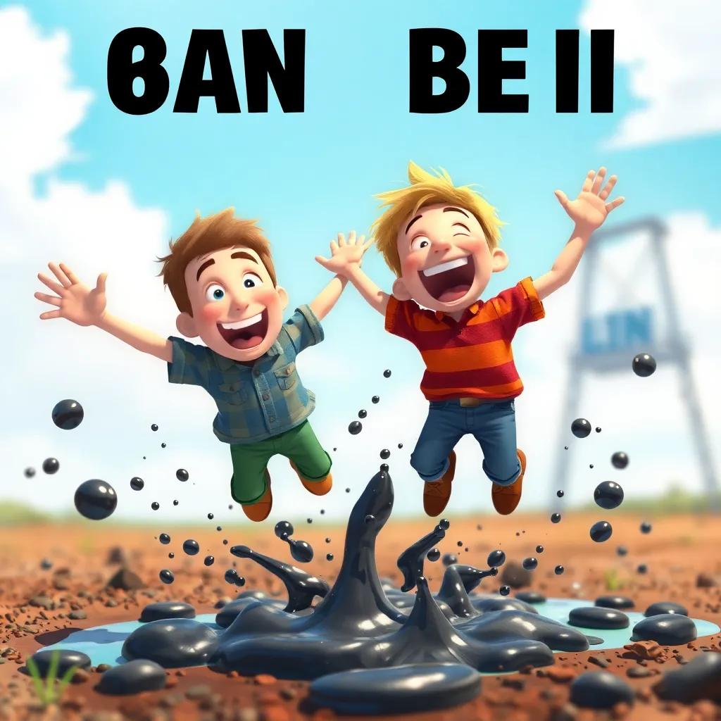 John and Ben jumping in excitement as black oil bubbles up from the ground, their faces filled with joy and surprise, bright sunny day, colorful background, dynamic scene, high-quality art