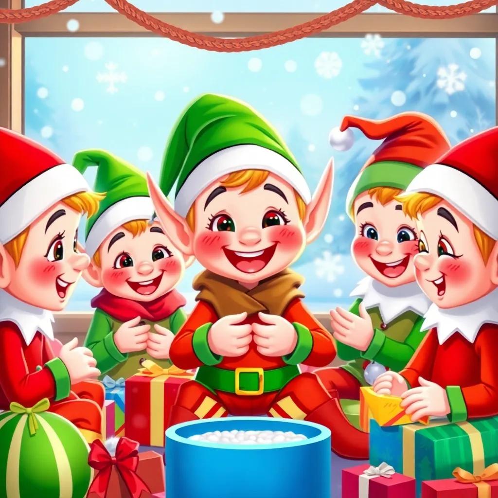 A lively Christmas elf gathering other elves for a joke contest, with snowflakes falling outside, wearing colorful outfits, cheerful expressions, surrounded by toys and decorations, illustration, colorful and festive, child-friendly