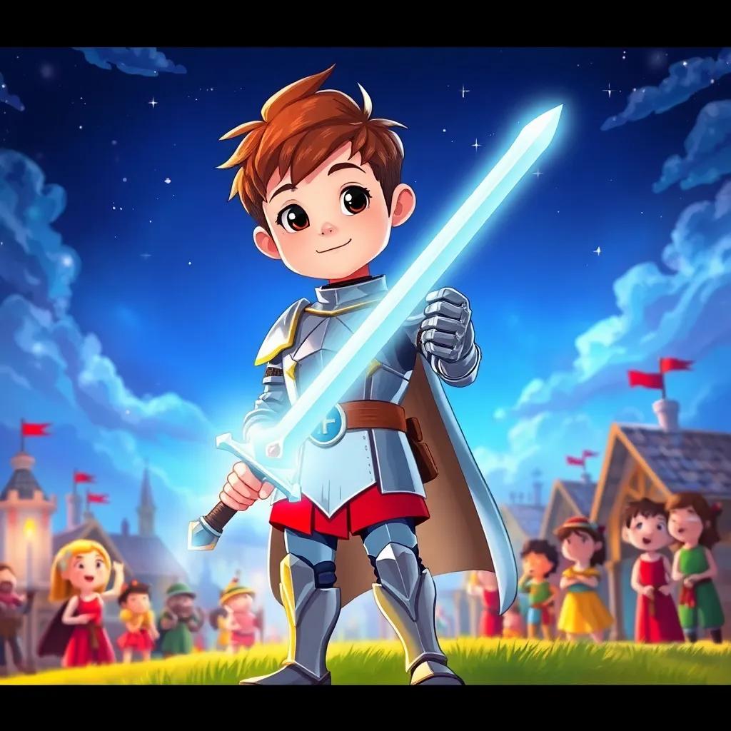 A brave young knight, Jonathan, with short brown hair, wearing a shining suit of armor, holding a glowing sword made of light, standing confidently in a bright kingdom with villagers watching in awe, digital art, vibrant colors, heroic atmosphere, high quality